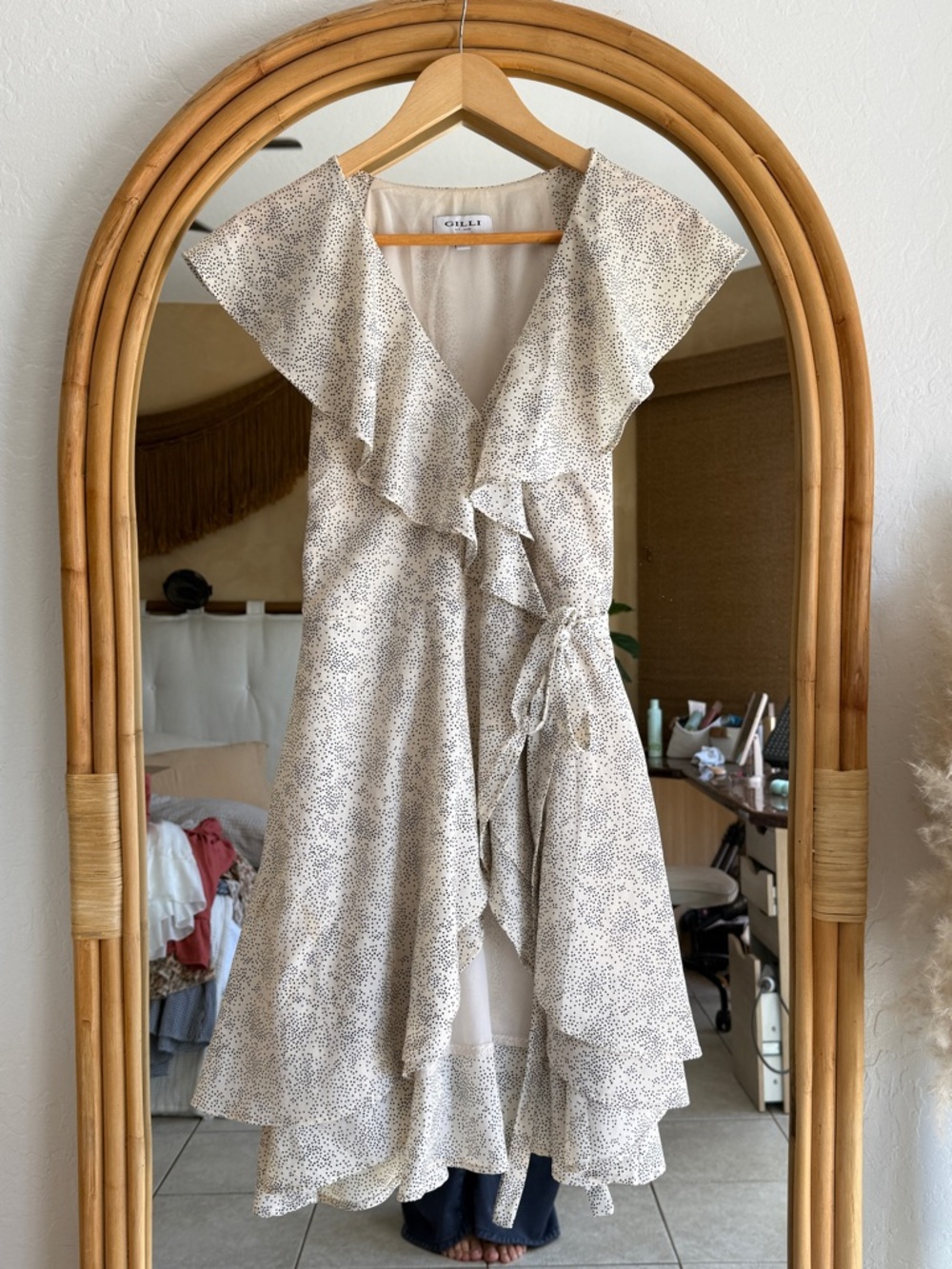 G.I.L.I. Ivory Dot Ruffle Midi Wrap Dress